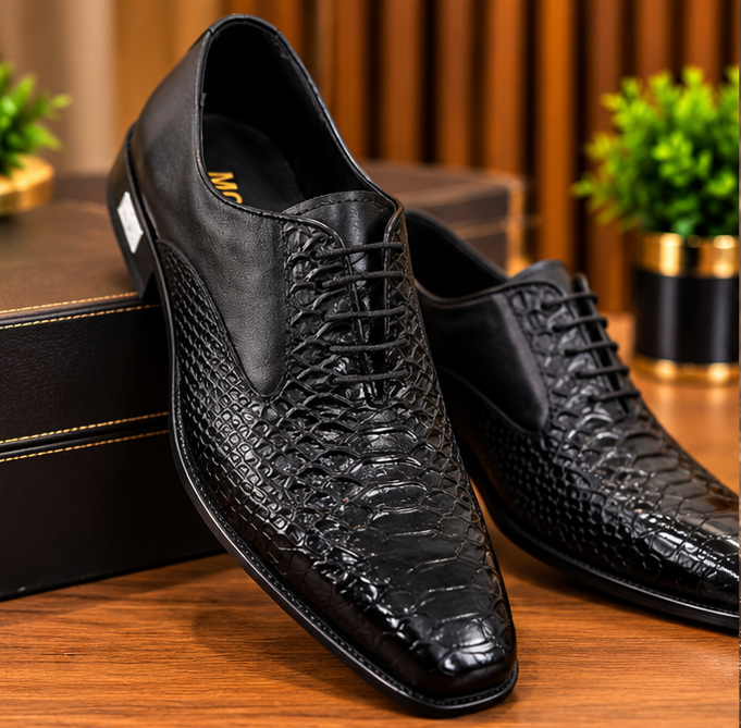 MOCHI Shoes For Men’s Genuine Leather Black Formal Shoes – Premium Crocodile-Texture Lace-Up Oxford Shoes