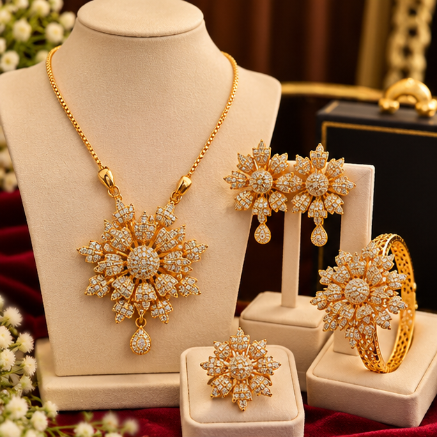 Jewelry Set for Women-Flowers Combo set Chain Locket Earring With Kara And Ring