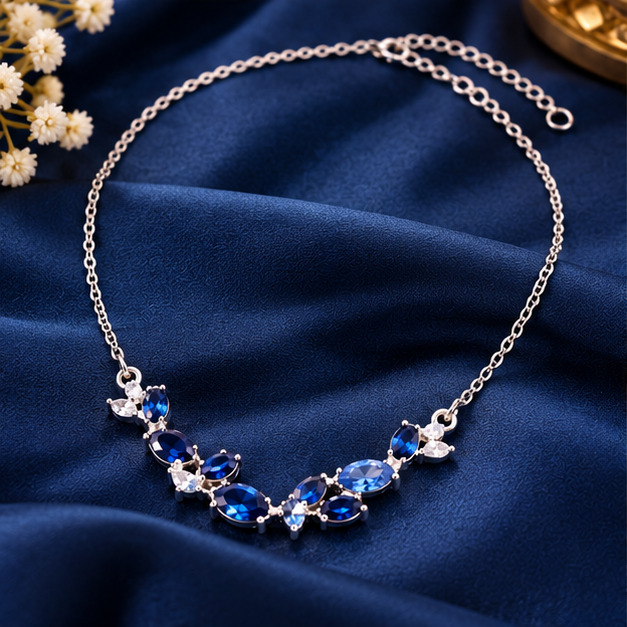 Necklace for Women Stainless Steel Blue Tulip – Elegant Floral Design with Sparkling Blue Stones, Silver-Tone Chain