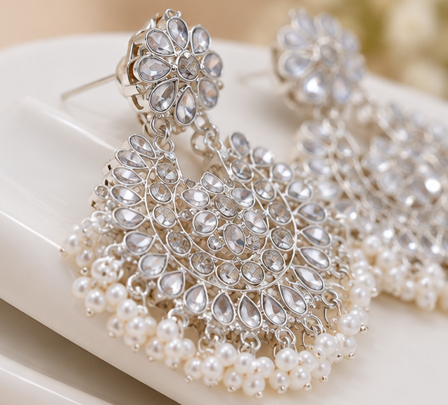 Earrings for Woman Elegant Silver Crystal Chandbali with Pearl Beaded Fringe