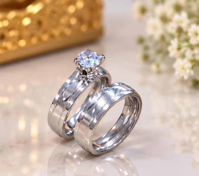 Couple Rings Set Elegant Silver – Sparkling Solitaire Matching Band for Him and Her
