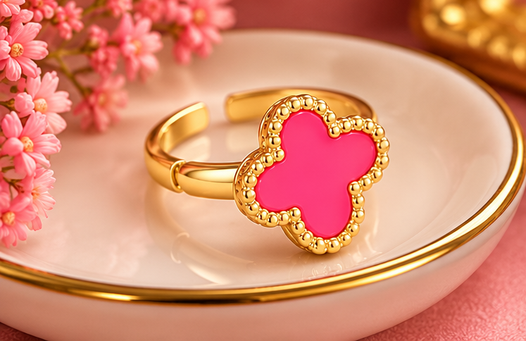 Four Leaf Pink Cover Earring Set For Women Gold Plated Stainless Steel 4 Leaf Ear Jewelry