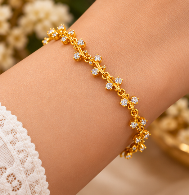 Golden Crystal Vine Bracelet for Women – Elegant Floral Link Chain with Sparkling Stones, Adjustable Stainless Steel Fashion Jewellery