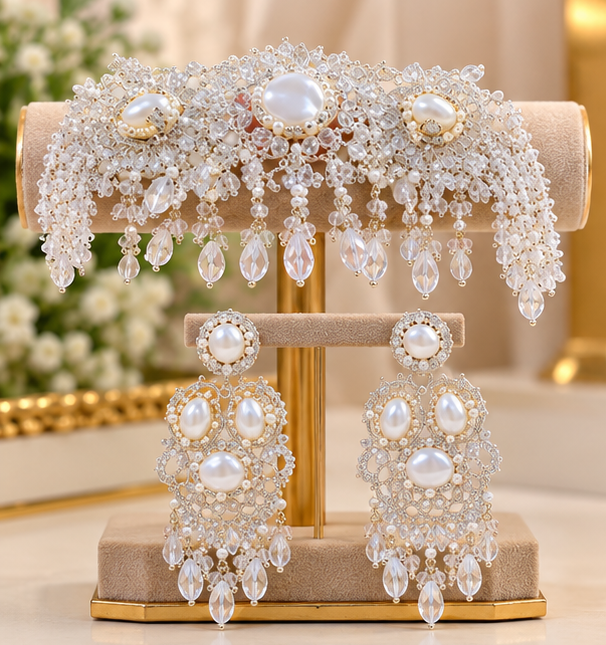 Elegant Turkish Pearl & Crystal Bridal Jewelry Set