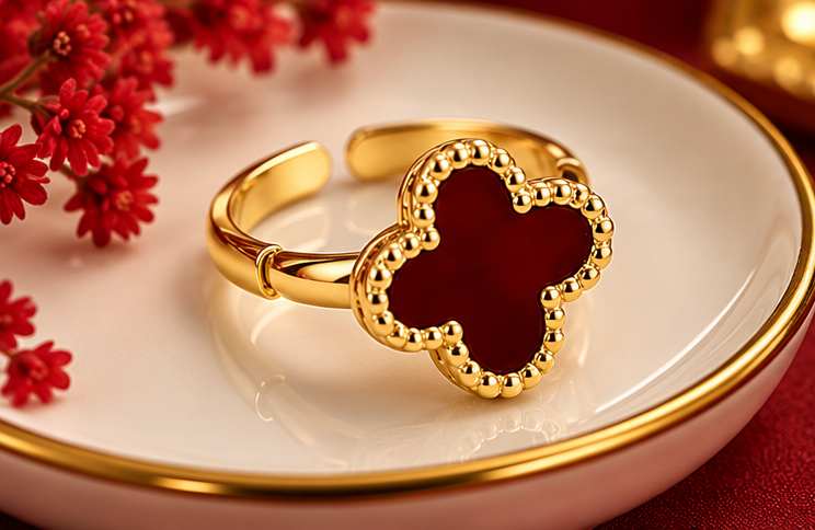 Four Leaf Red Cover Earring Set For Women Gold Plated Stainless Steel 4 Leaf Ear Jewelry