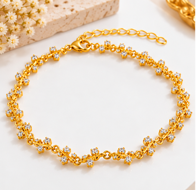 Golden Crystal Vine Bracelet for Women – Elegant Floral Link Chain with Sparkling Stones, Adjustable Stainless Steel Fashion Jewellery