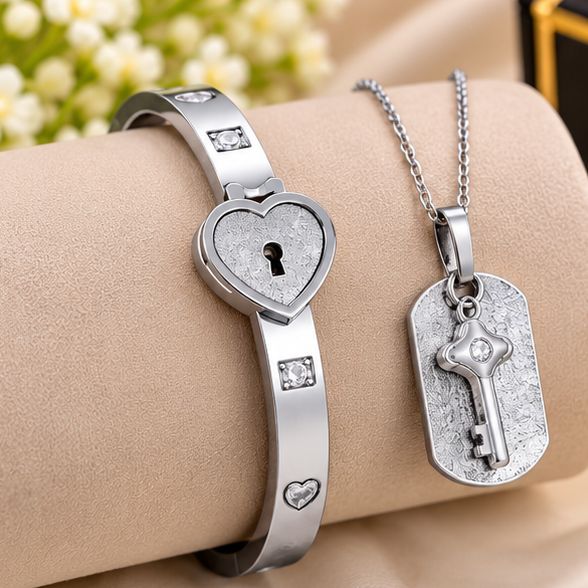 Stainless Steel Heart Lock Bracelet & Key Pendant Necklace Set