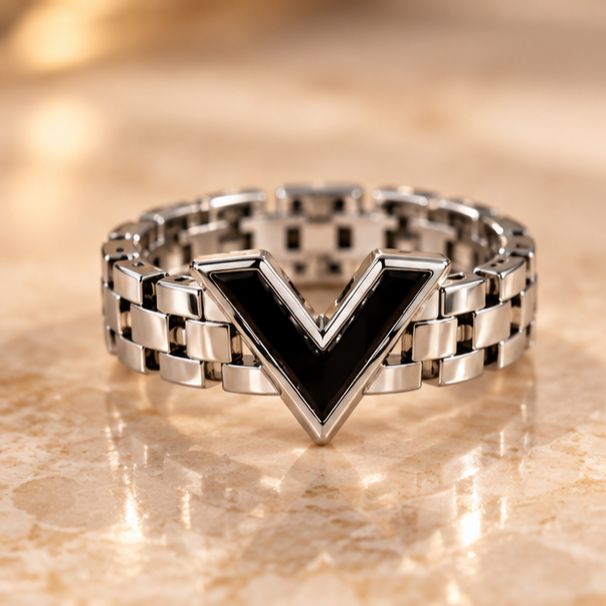 Black V Design Ring Silver Stainless Steel– Fashion Ring, Elegant Party Wear Jewelry