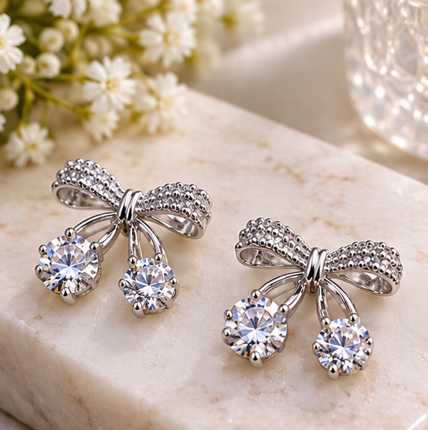Elegant Silver Bow Crystal Drop Earrings