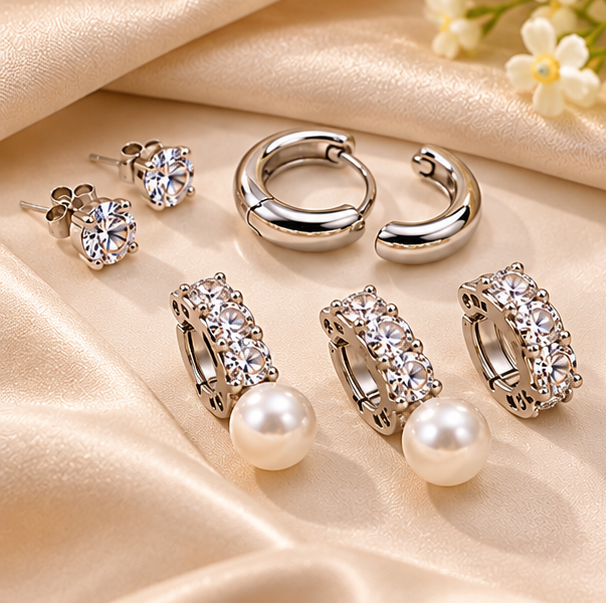 Elegant Stainless Steel Silver Earring Set