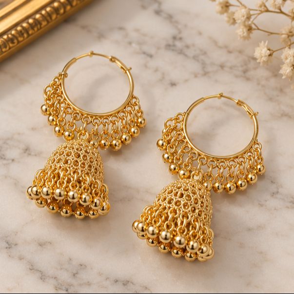 Golden Earrings for woman Elegant vintage style jhumka hoop with hanging beads for Women
