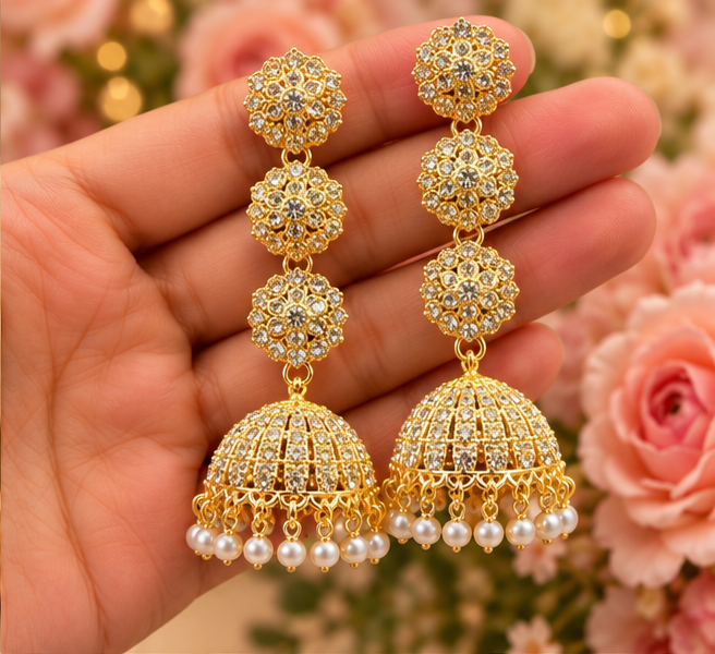 Earrings for Women Golden Bridal With Silver Crystal Pearl Jhumka