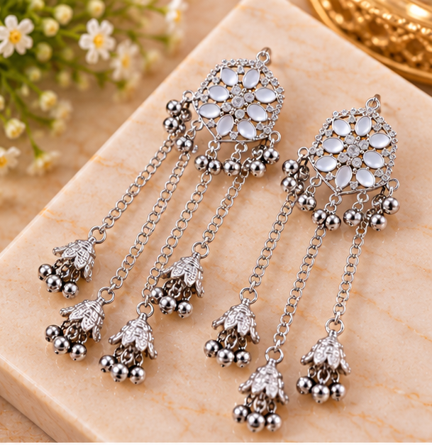 Kashmiri Silver Traditional Long Chandelier Earrings