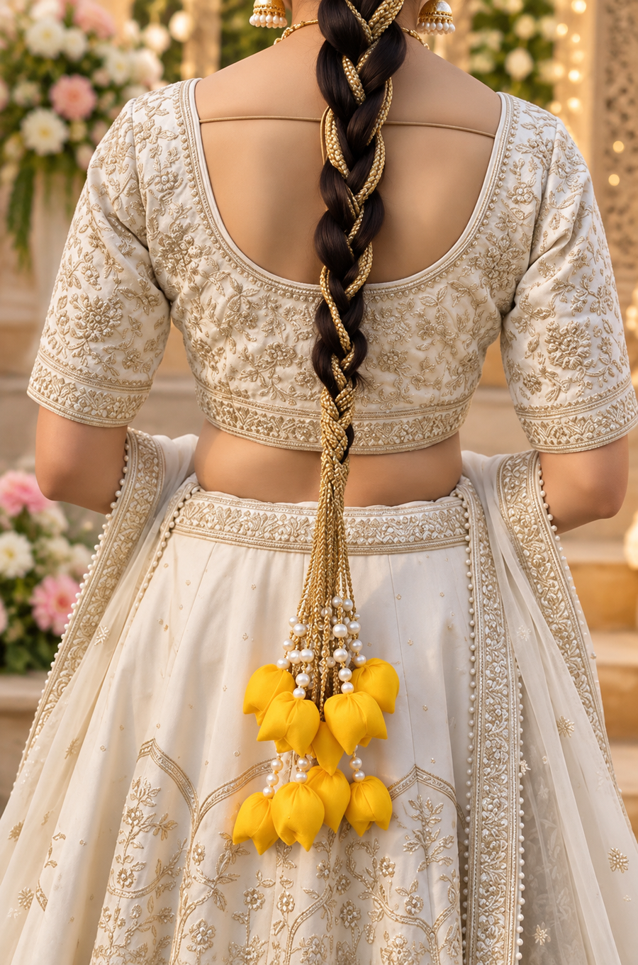 Yellow Tulip Paranda with Golden Braided Cords & Pearl Bead Tassels – Traditional Bridal Hair Accessory