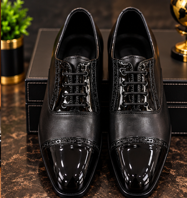 MOCHI Shoes Fore Men’s Genuine Leather Black Formal Shoes – Premium Patent Leather Cap-Toe Lace-Up Oxford Shoes