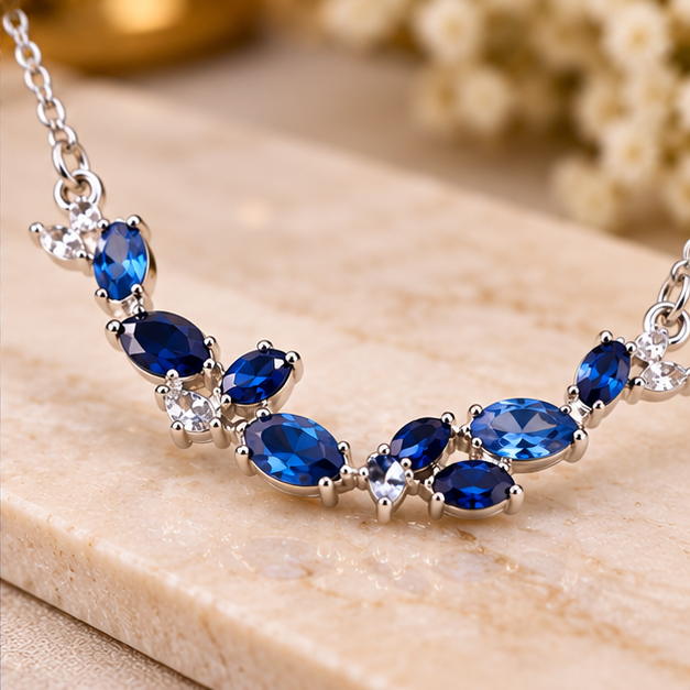 Necklace for Women Stainless Steel Blue Tulip – Elegant Floral Design with Sparkling Blue Stones, Silver-Tone Chain