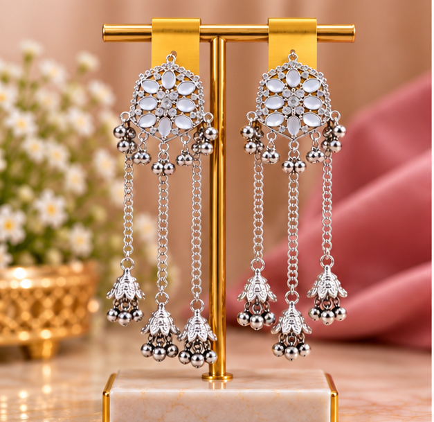 Kashmiri Silver Traditional Long Chandelier Earrings