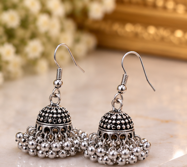 Elegant Mini Oxidized Silver Jhumki Earrings – Traditional Beaded Dome Drop Earrings for Women