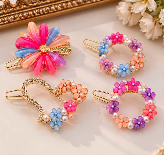 Pins for Girls & Women Set of 4 Multicolor Floral Hair