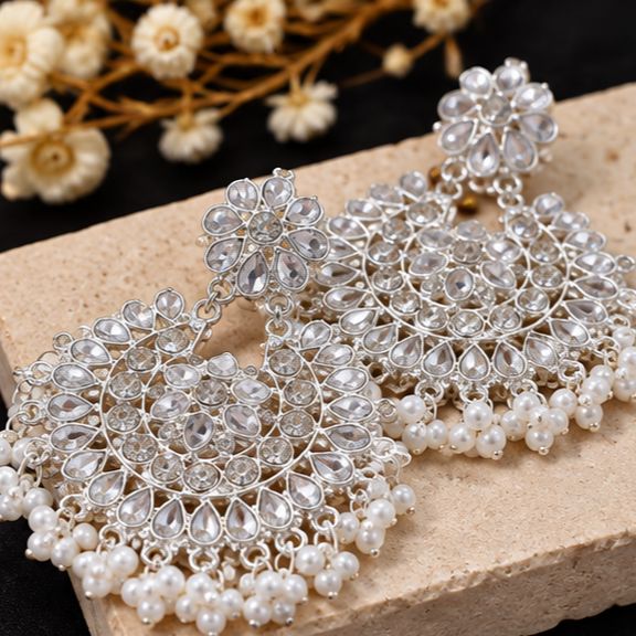 Earrings for Woman Elegant Silver Crystal Chandbali with Pearl Beaded Fringe