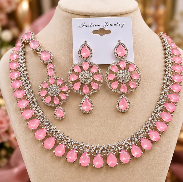 Zarkan Elegant Bridal Crystal Pink Jewelry Set