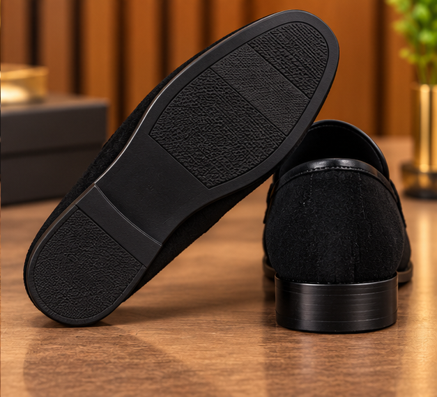 MOCHI Shoes For Men’s Genuine Leather Black Fornal Shoes– Premium Textured Formal Shoes with Silver Horsebit Buckle