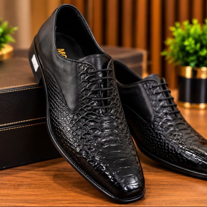 MOCHI Shoes For Men’s Genuine Leather Black Formal Shoes – Premium Crocodile-Texture Lace-Up Oxford Shoes