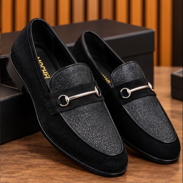 MOCHI Shoes For Men’s Genuine Leather Black Fornal Shoes– Premium Textured Formal Shoes with Silver Horsebit Buckle