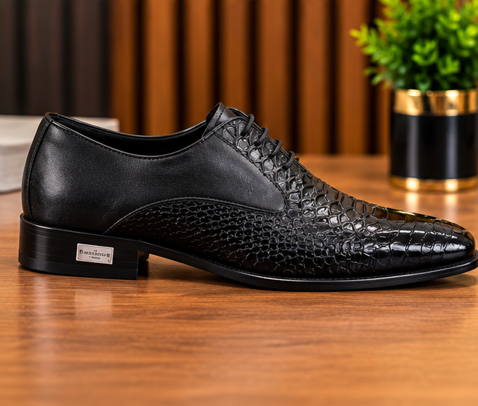 MOCHI Shoes For Men’s Genuine Leather Black Formal Shoes – Premium Crocodile-Texture Lace-Up Oxford Shoes