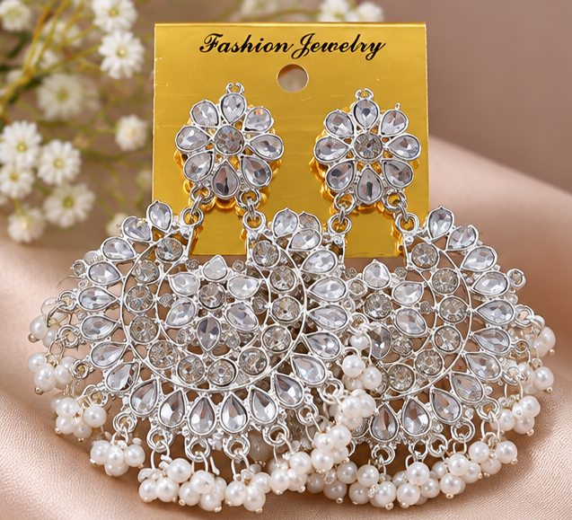Earrings for Woman Elegant Silver Crystal Chandbali with Pearl Beaded Fringe