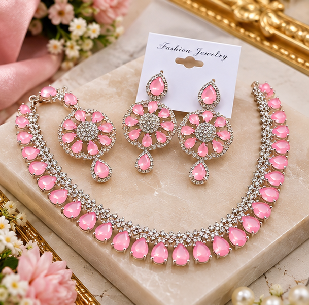 Zarkan Elegant Bridal Crystal Pink Jewelry Set