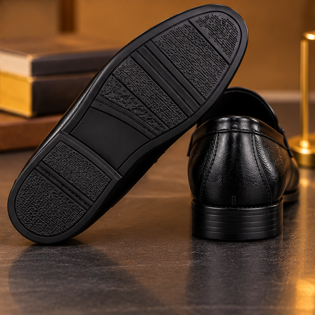 MOCHI Premium Shoes For Men Leather Black Textured Slip-On Shoes with Metal Buckle