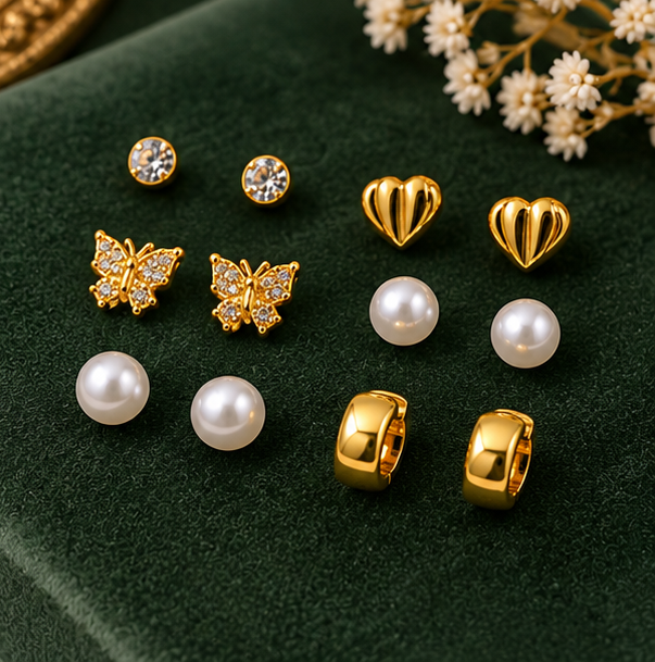 Gold Stud Earrings Set for Women – Vintage Heart, Butterfly, Pearl & Crystal Designs