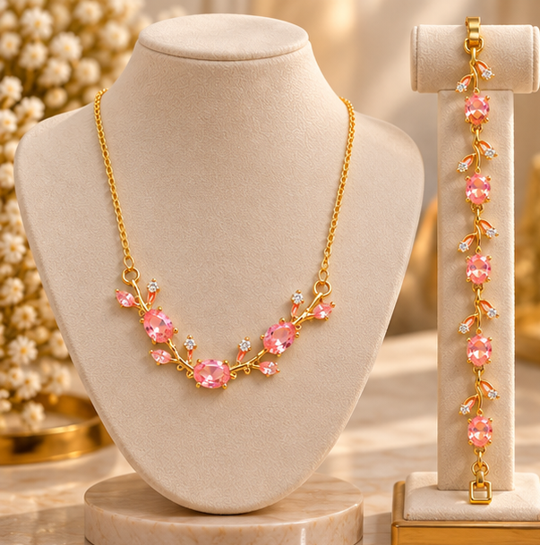 Elegant Pink Tulip Bracelet & Necklace Set
