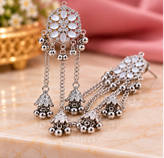 Kashmiri Silver Traditional Long Chandelier Earrings