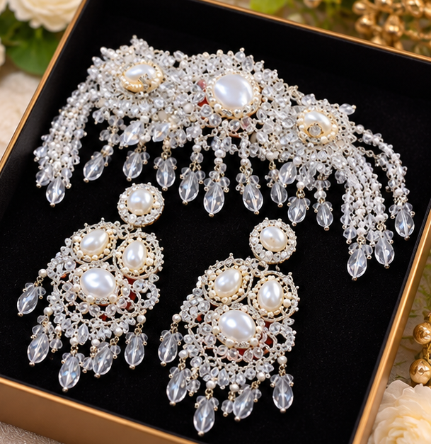 Elegant Turkish Pearl & Crystal Bridal Jewelry Set
