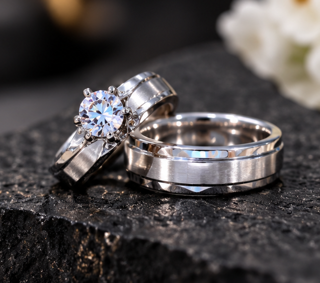 Couple Rings Set Elegant Silver – Sparkling Solitaire Matching Band for Him and Her