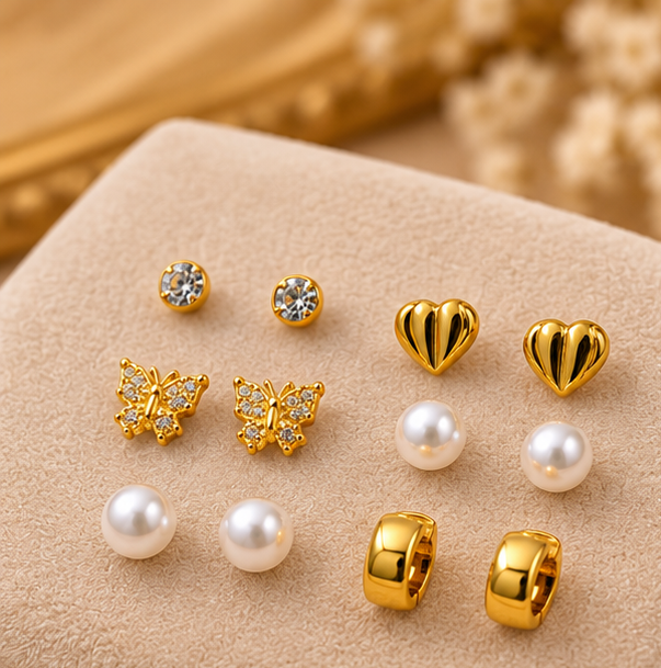 Gold Stud Earrings Set for Women – Vintage Heart, Butterfly, Pearl & Crystal Designs