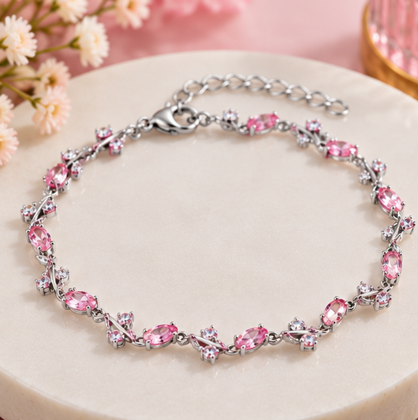Elegant Pink Crystal Vine Bracelet for Women – Silver-Tone Floral Link Chain with Sparkling
