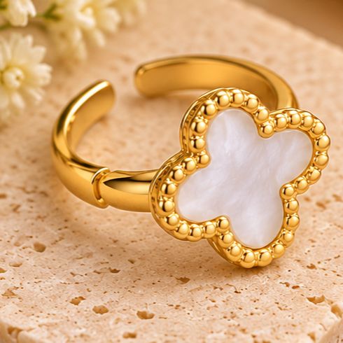 Four Leaf White Cover Earring Set For Women Gold Plated Stainless Steel 4 Leaf Ear Jewelry