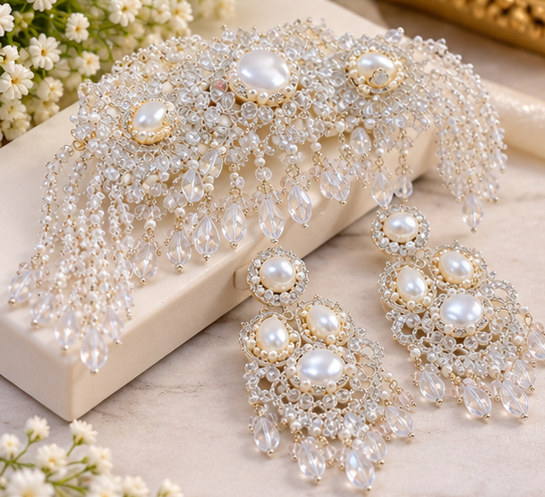 Elegant Turkish Pearl & Crystal Bridal Jewelry Set