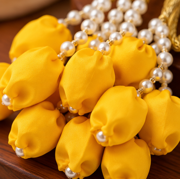 Yellow Tulip Paranda with Golden Braided Cords & Pearl Bead Tassels – Traditional Bridal Hair Accessory