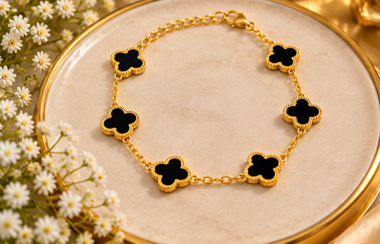 Black Four Leaf Clover Bracelet For Woman | Best Selling Stainless Steel Jewelry Set For Girls