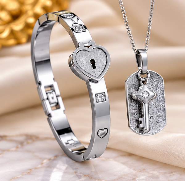 Stainless Steel Heart Lock Bracelet & Key Pendant Necklace Set