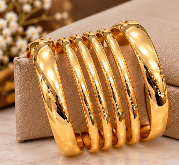 6 Pcs Golden Bangles Vintage Smooth Set For Women