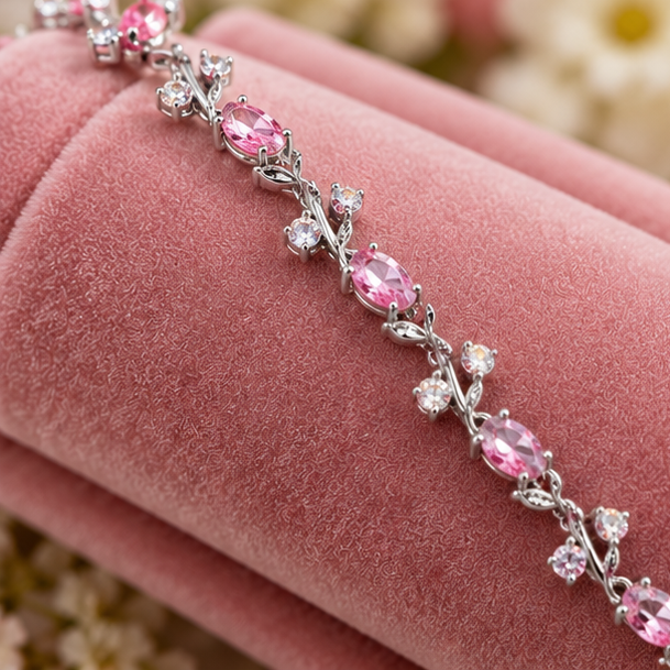 Elegant Pink Crystal Vine Bracelet for Women – Silver-Tone Floral Link Chain with Sparkling