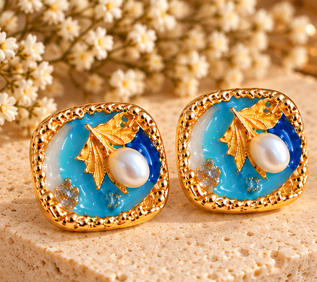 Elegant Turquoise & Gold Pearl Stud Earrings