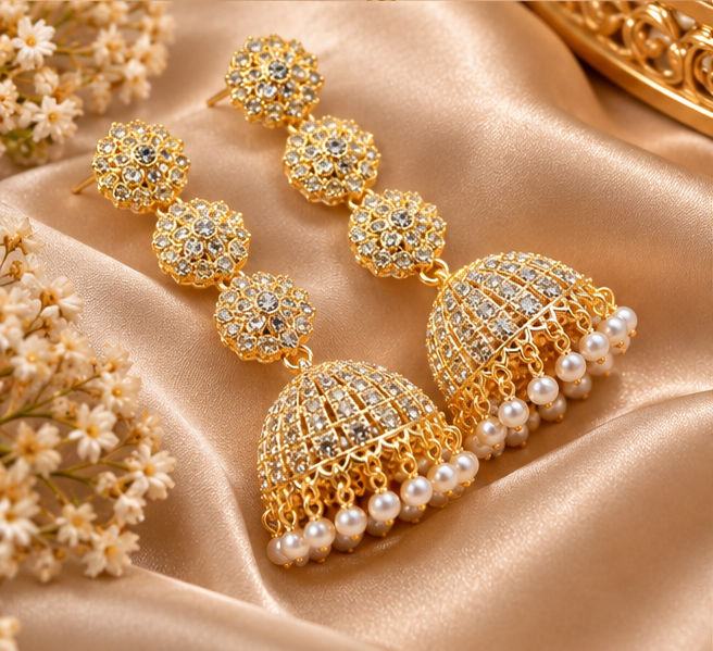Earrings for Women Golden Bridal With Silver Crystal Pearl Jhumka