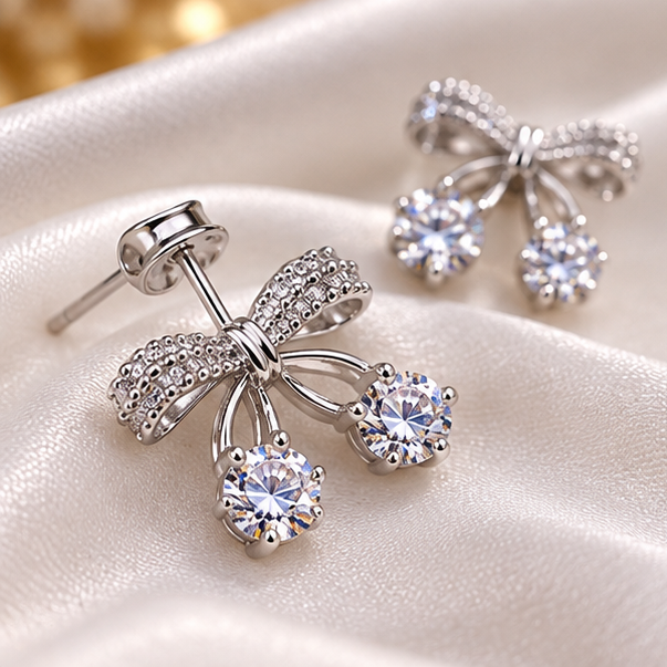 Elegant Silver Bow Crystal Drop Earrings