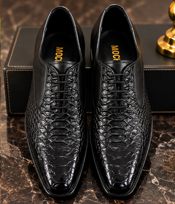 MOCHI Shoes For Men’s Genuine Leather Black Formal Shoes – Premium Crocodile-Texture Lace-Up Oxford Shoes